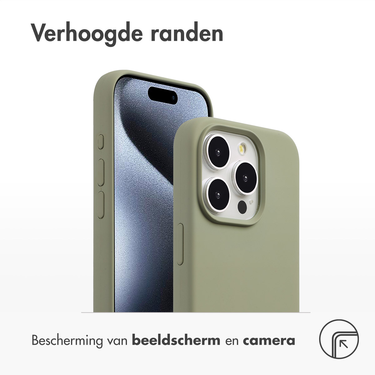 Zwei olivgrüne Handyhüllen, eine mit dem Handy darin. Text: 'Verhoogde randen' und 'Bescherming van beeldscherm en camera'.