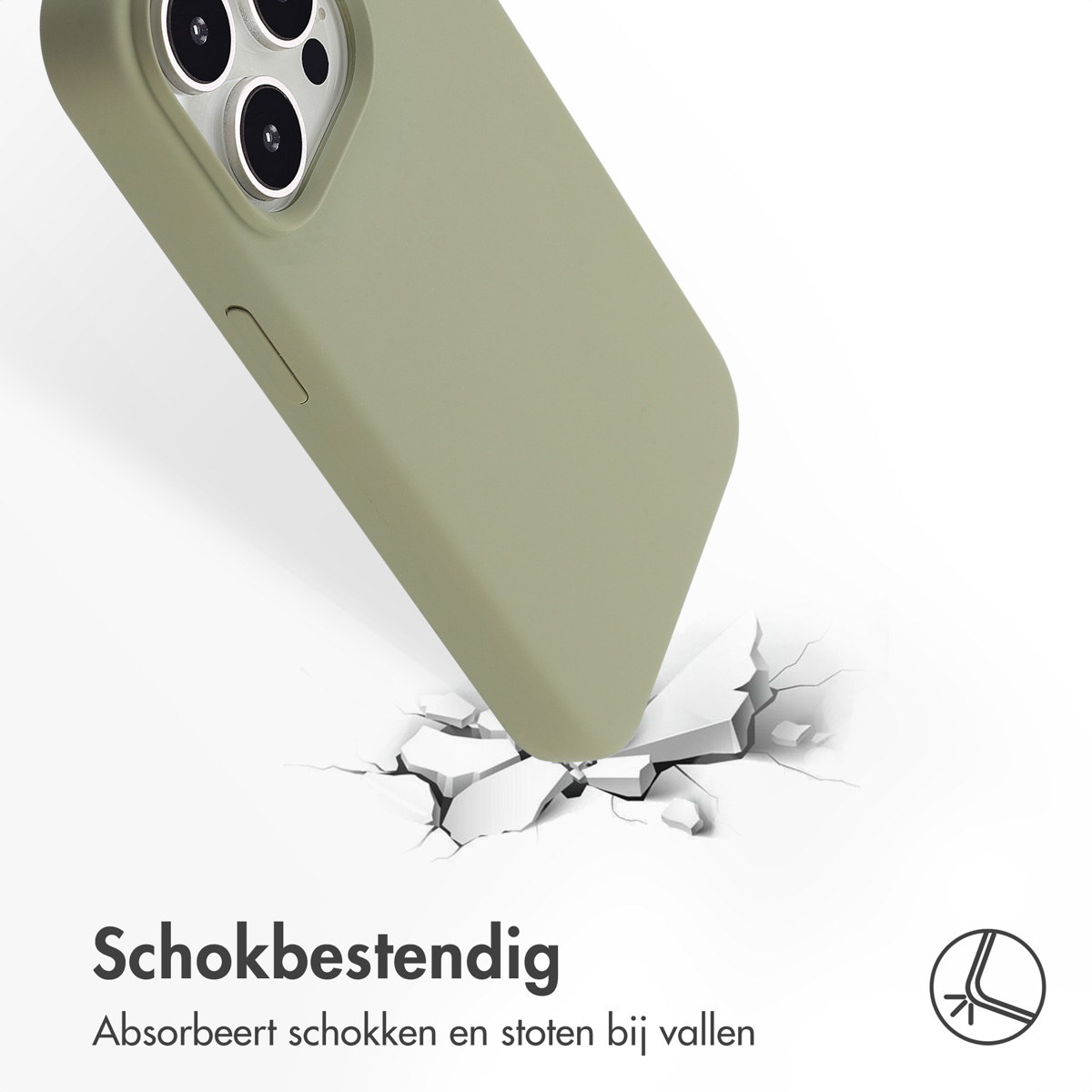 Eine Handyhülle fällt auf eine Oberfläche und bricht sie. Die Hülle ist olivgrün. Text lautet 'stoßfest' und 'absorbiert Stöße'.