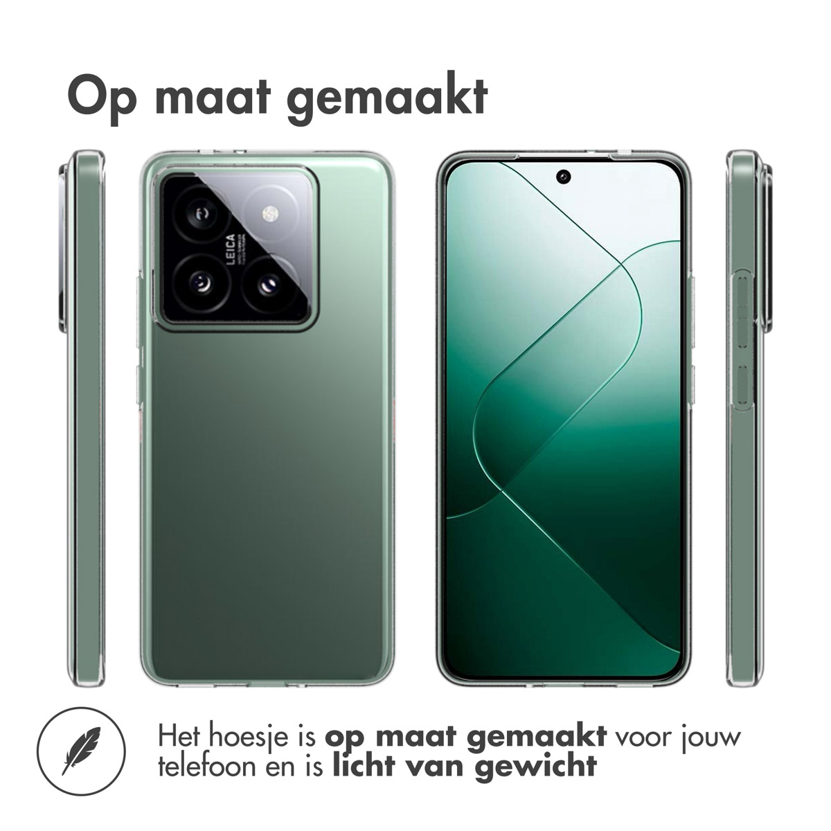 Afbeelding toont een telefoonhoesje met een telefoon. De telefoon heeft een camera en de case is groen. Tekst: Op maat gemaakt.