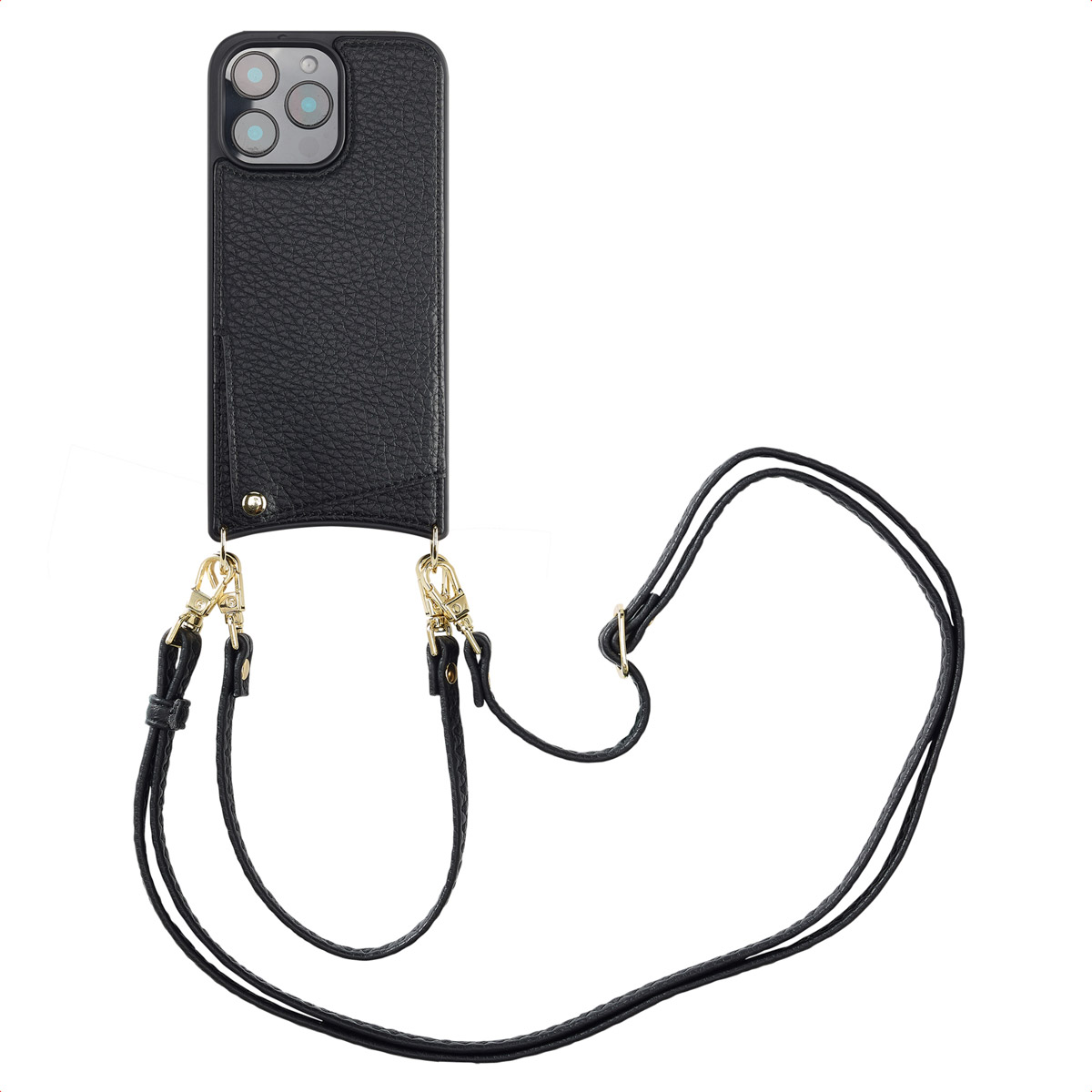 Coque de téléphone noire avec une sangle. L'étui a une surface texturée, des fermoirs dorés et une découpe pour l'appareil photo.
