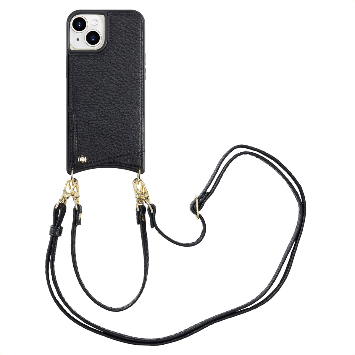 Een zwarte leren iPhone-hoes met een riem. De hoes heeft gouden sluitingen en een lange zwarte riem. De telefoon zit in de hoes.