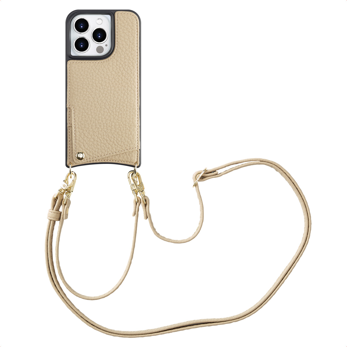 Beige telefoonhoesje met een bandje. De hoes heeft een kaartsleuf en goudkleurige sluitingen die het bandje vasthouden.