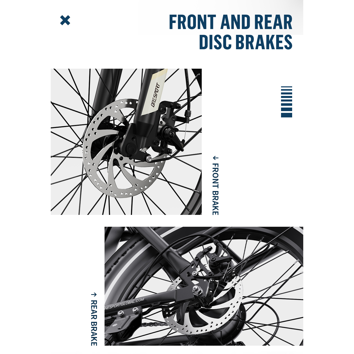 Zbliżenie przednich i tylnych hamulców tarczowych w rowerze. Przedni hamulec pokazuje tarczę i zacisk.