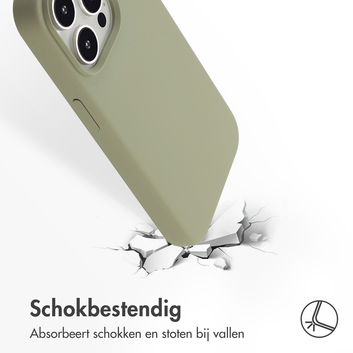 Een groene telefoonhoes die een wit oppervlak breekt. De afbeelding toont de impact, met scheuren. Tekst zegt 'schokbestendig'.