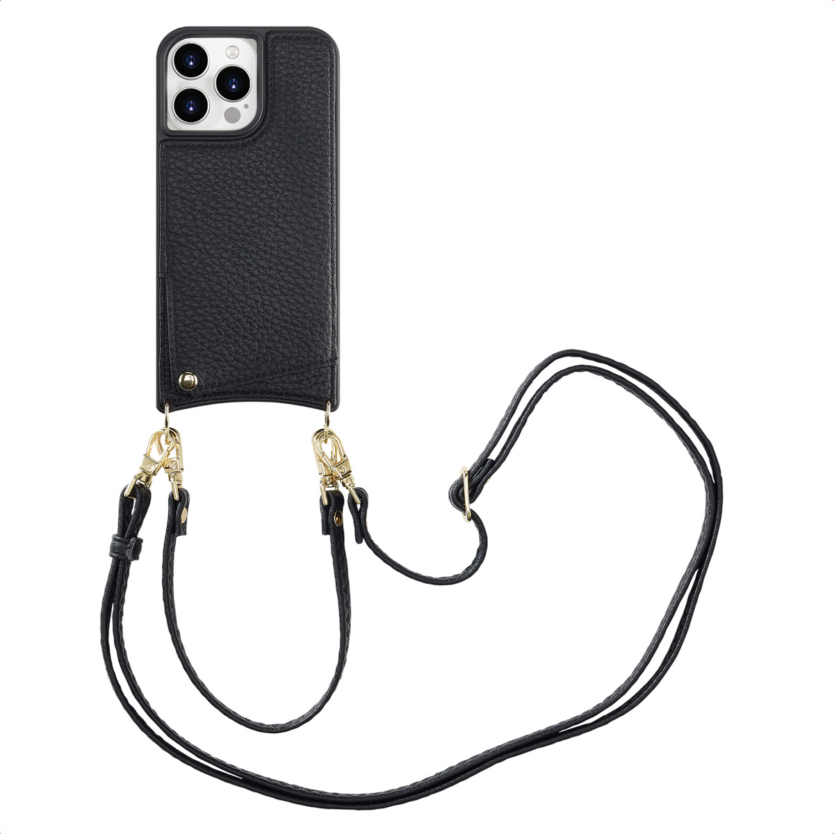 Étui de téléphone en cuir noir avec sangle. Des fermoirs dorés et une sangle noire sont attachés à l'étui. Le téléphone a trois objectifs.