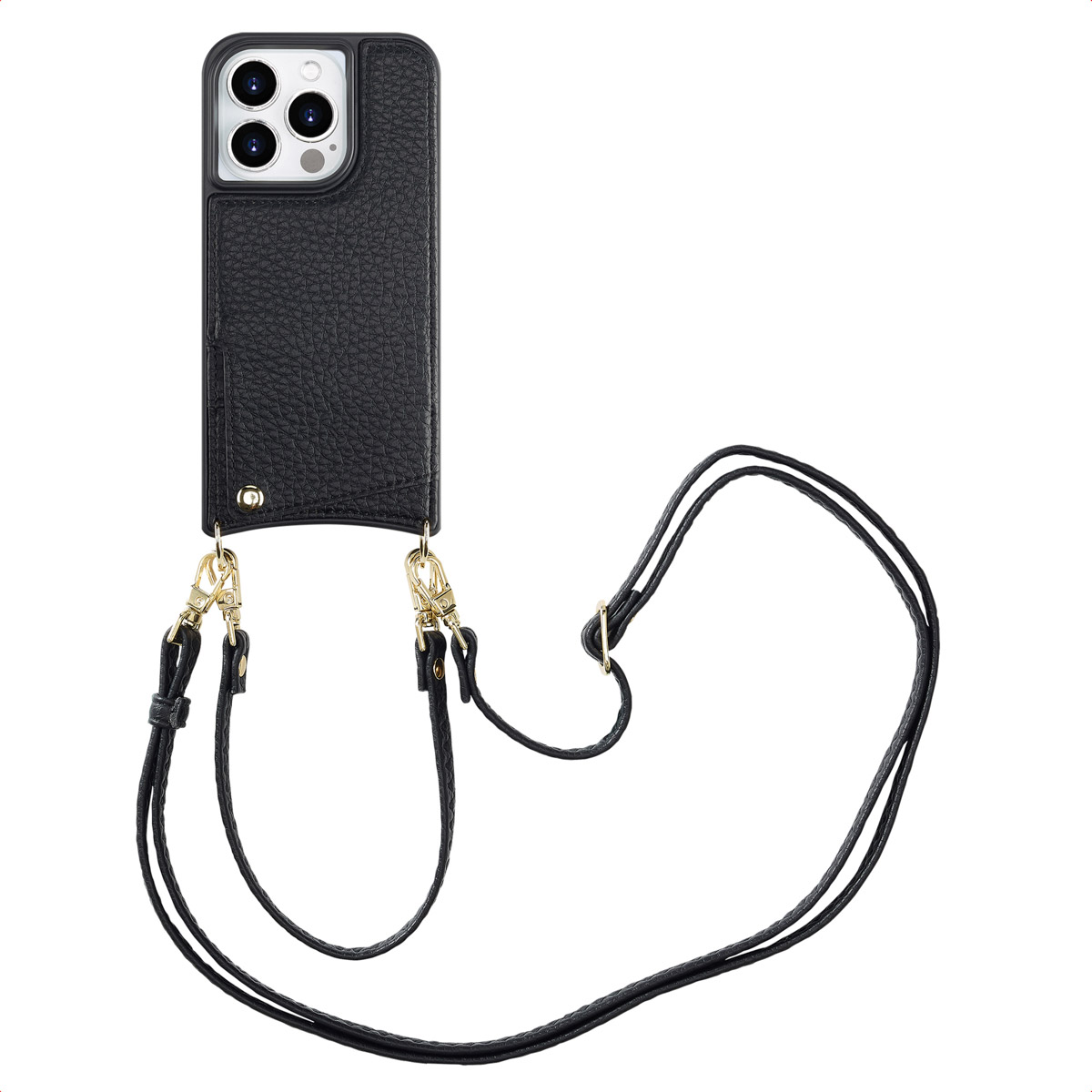 Étui de téléphone en cuir noir avec sangle. L'étui a des fermoirs dorés et une surface texturée. La sangle est également noire et en cuir.