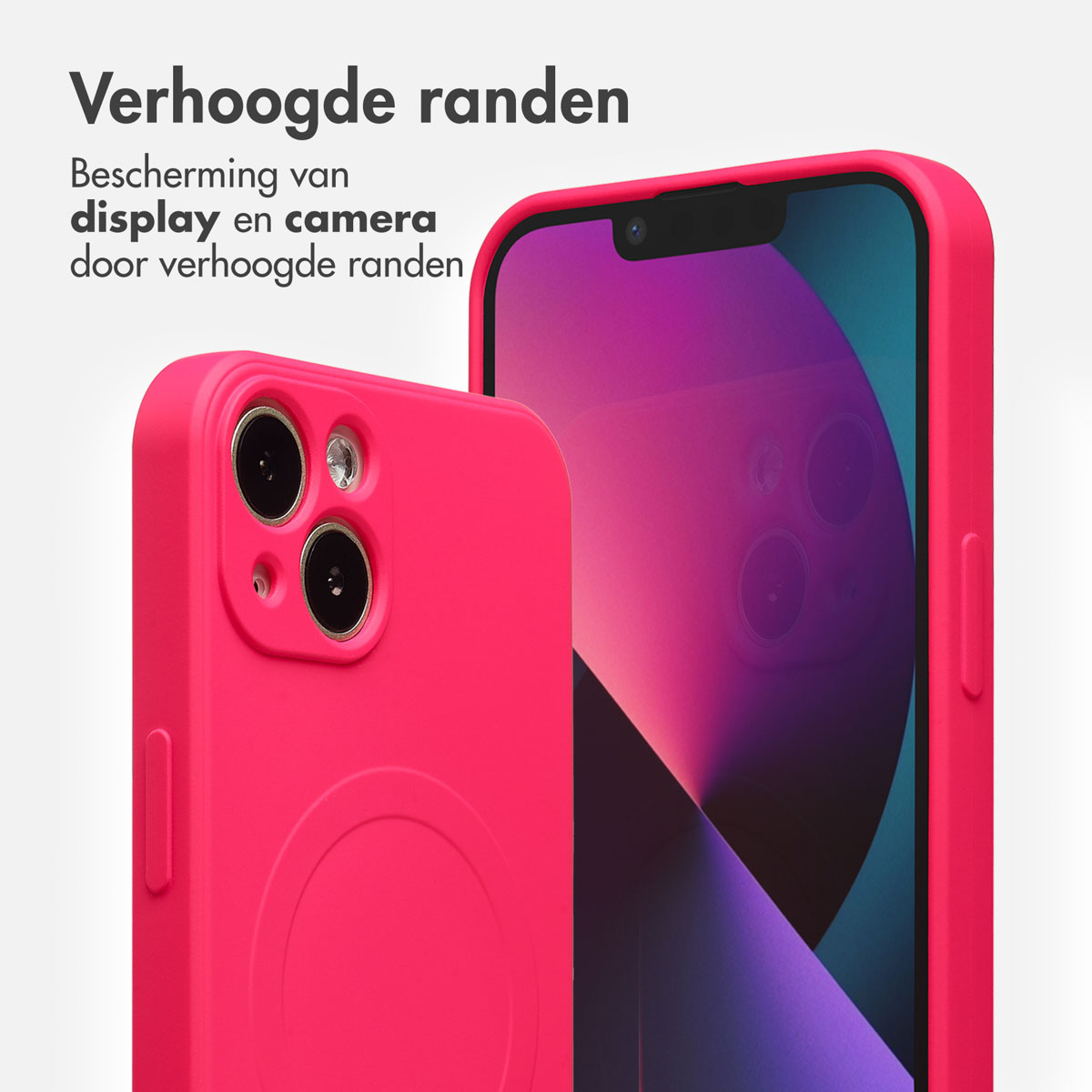 Twee roze telefoonhoesjes. Eén scherp, met cameralenzen. De andere toont een scherm met een paarse en blauwe gradiënt.