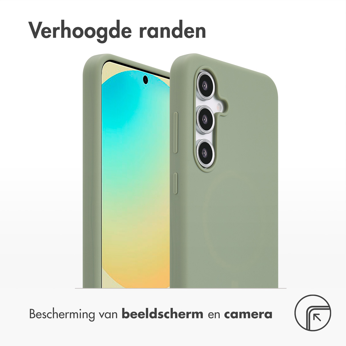 Een telefoonhoesje wordt getoond, met een telefoon erin. De hoes is groen. Tekst bovenaan: 'Verhoogde randen'. Tekst onderaan: 'Scherm- en camerabescherming'.