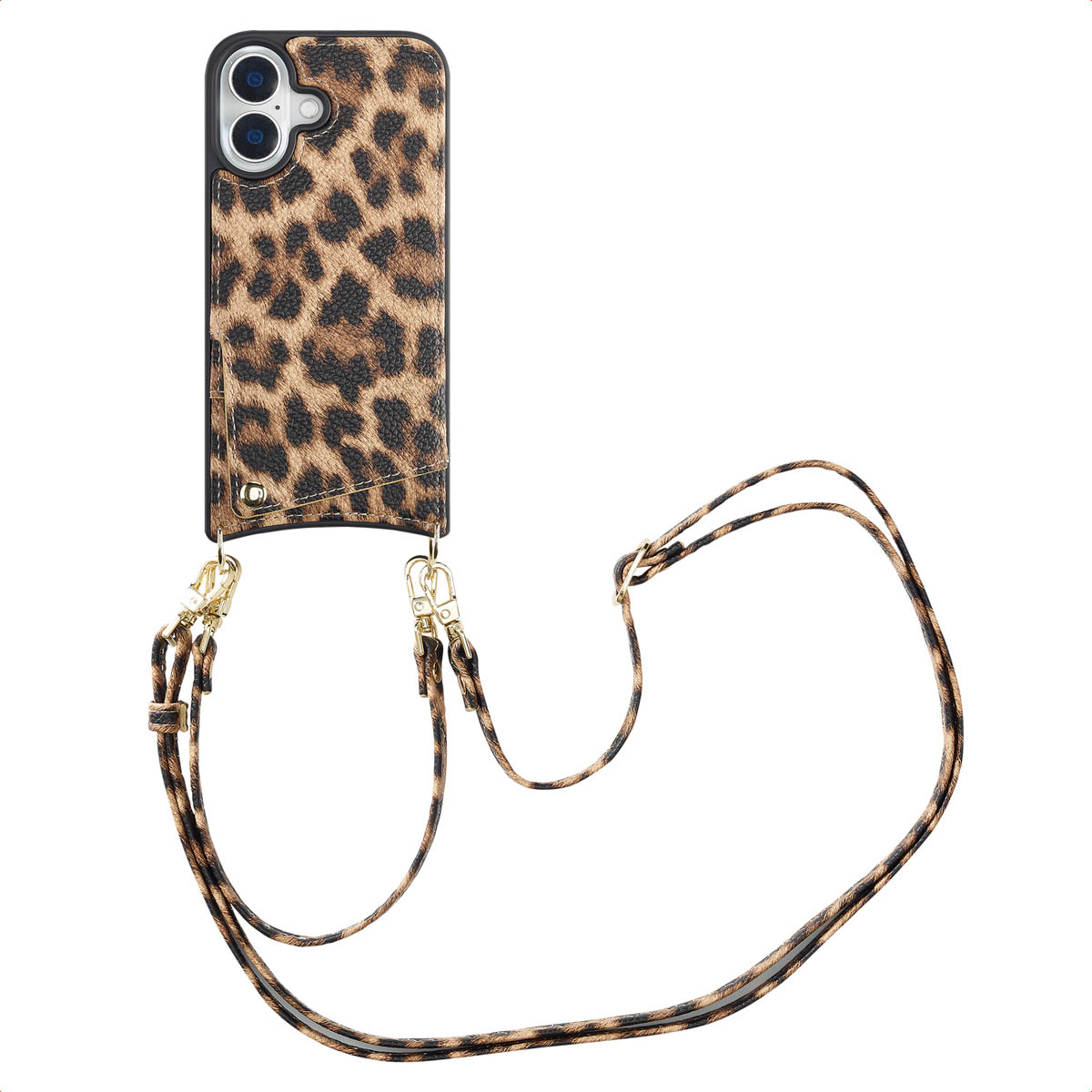 Een telefoonhoesje met luipaardprint en een afneembare riem. De hoes is bruin en zwart, met goudkleurige sluitingen.