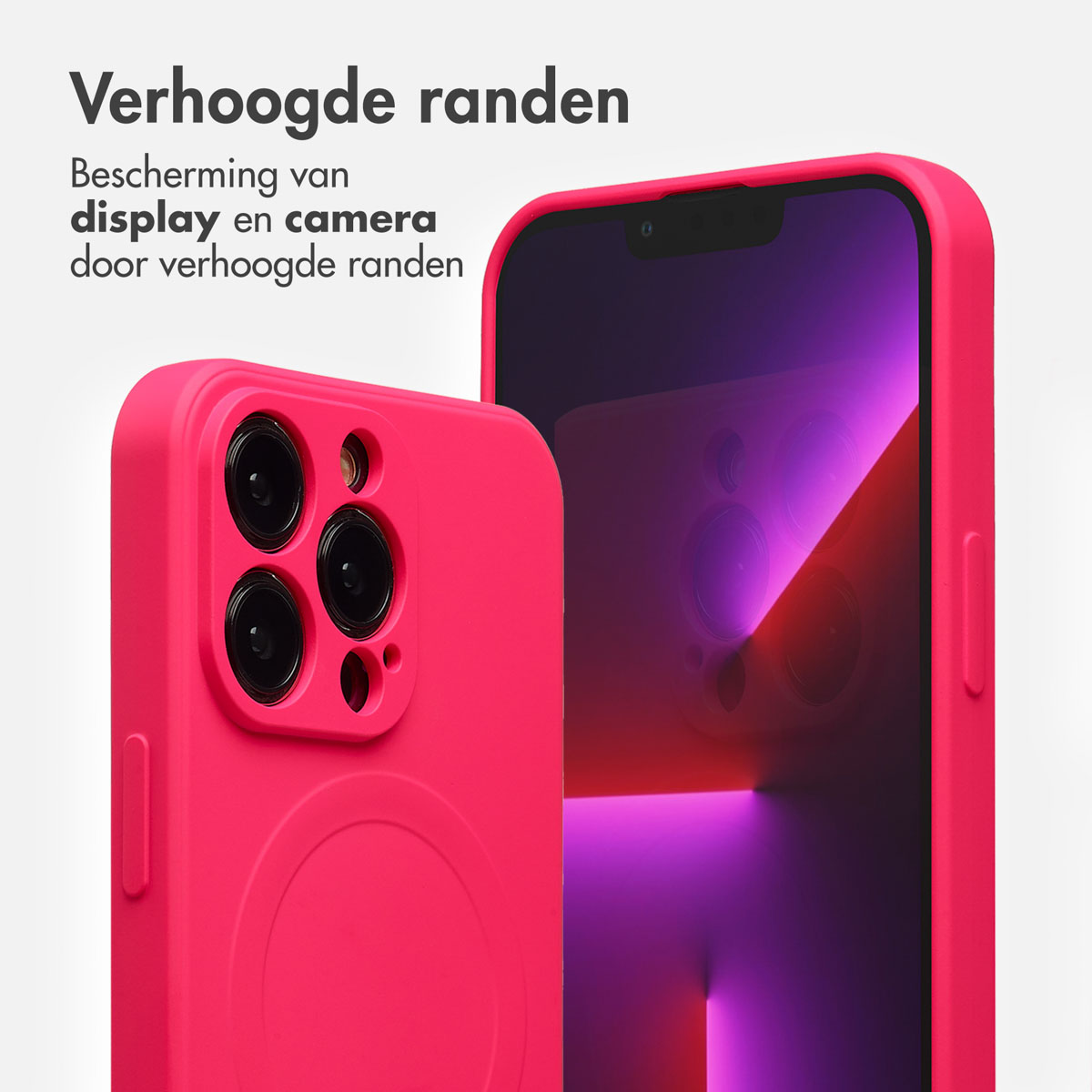 Twee roze telefoonhoesjes. Eén toont de camera. Tekst: Verhoogde randen. Bescherming van display en camera door verhoogde randen.