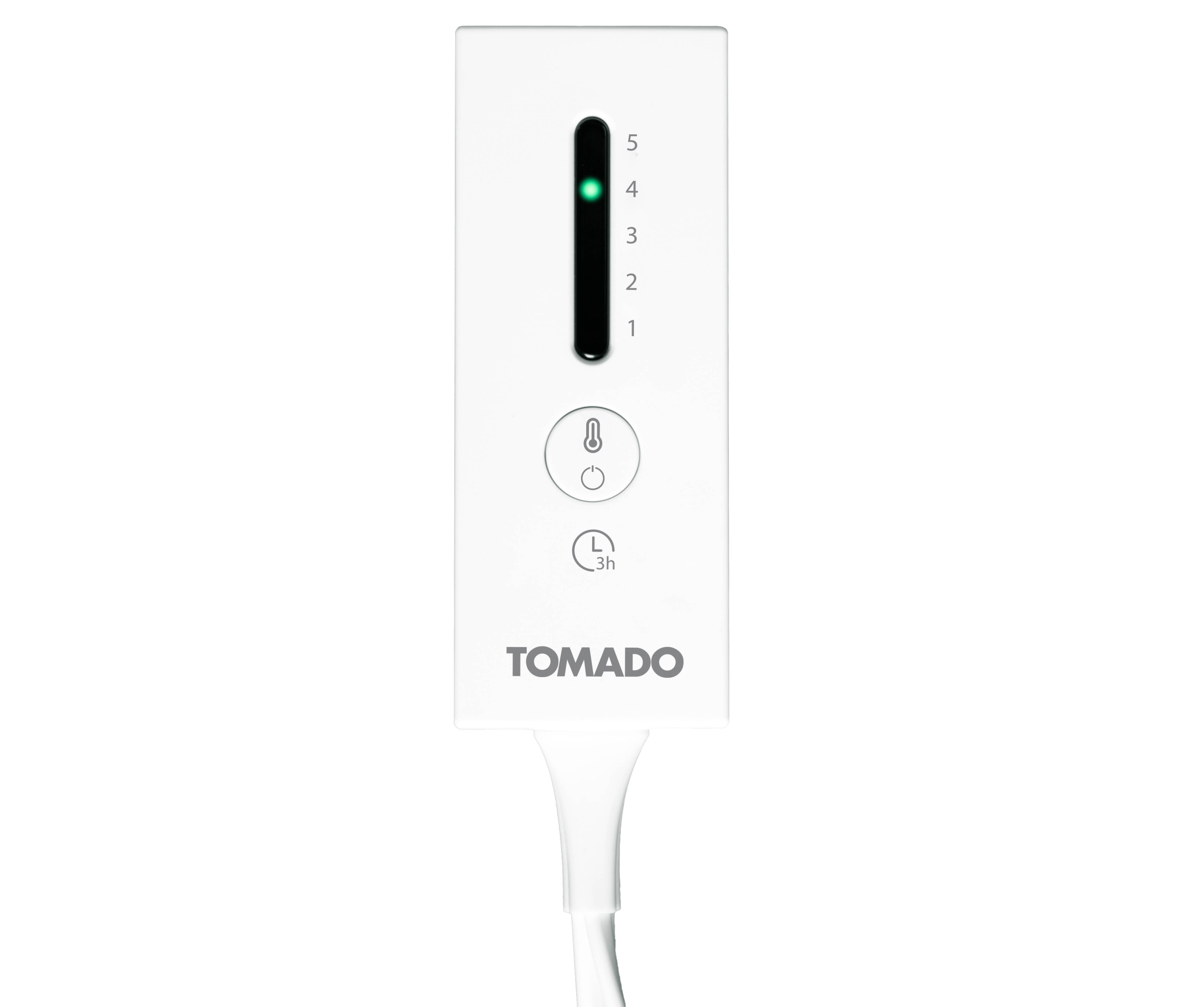 A white TOMADO control panel. It has a power button, 3h timer, temperature indicator, and a green light indicating a heat level.