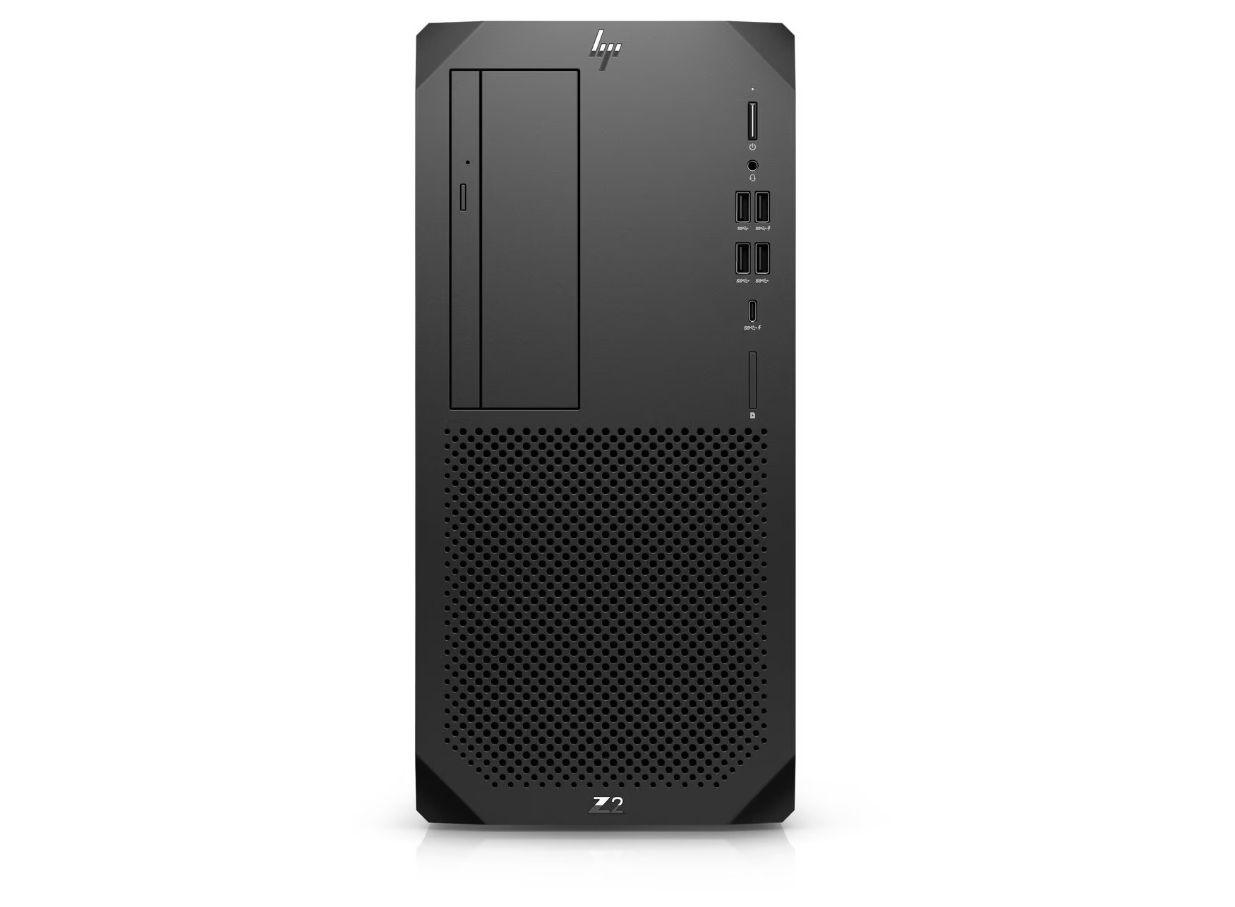 Schwarzer HP Z2 Desktop-Computer. Vorderansicht, mit Anschlüssen, Ein-/Ausschalter und perforiertem unteren Bereich.