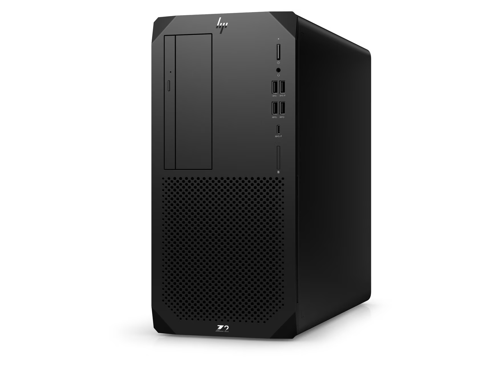 Ein schwarzer HP Z2 Workstation-Desktop-Computer. Es hat eine perforierte Frontplatte, Anschlüsse und das HP-Logo. Der Hintergrund ist weiß.