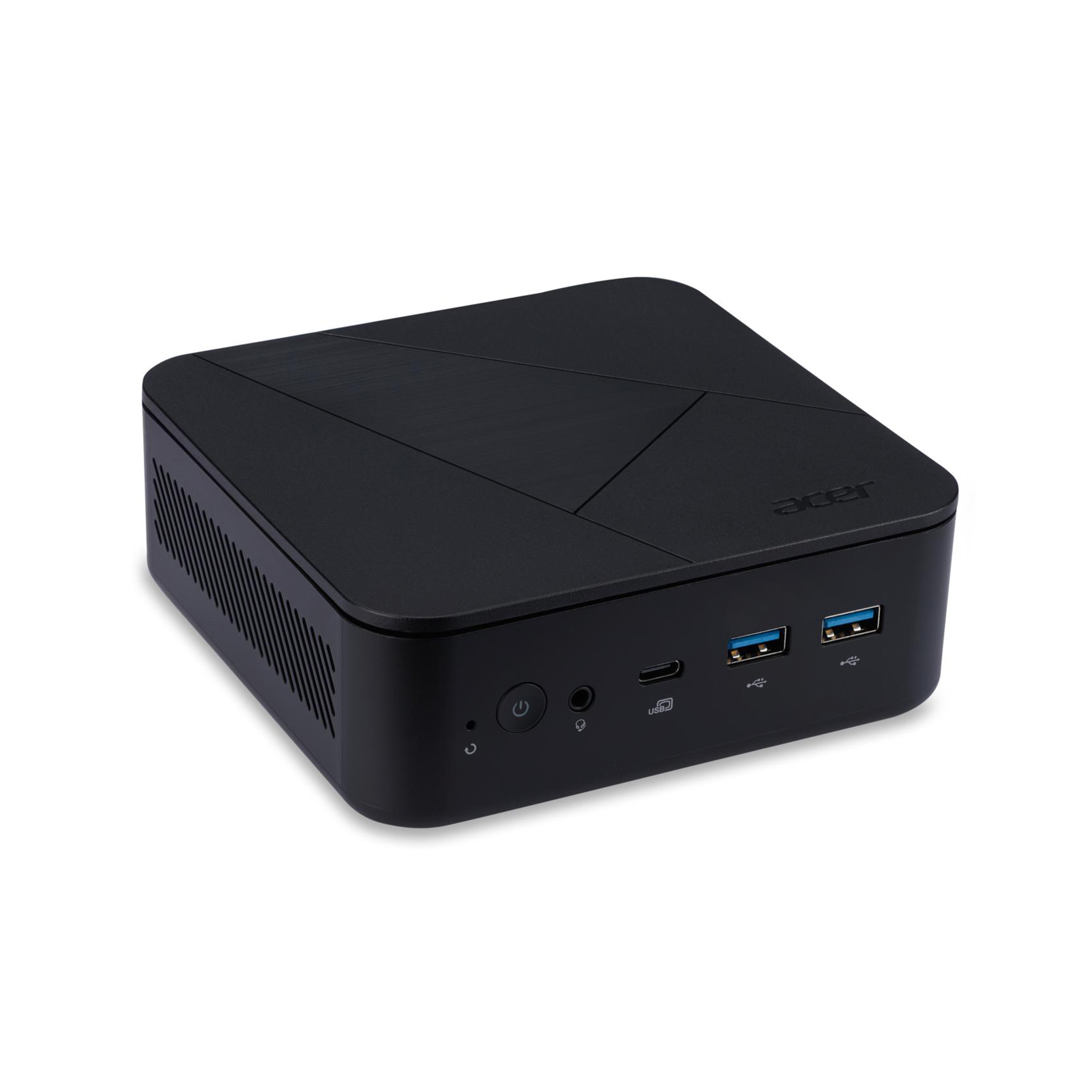 Ein schwarzer Acer-Computer. Er hat eine kleine quadratische Form mit Anschlüssen und Knöpfen auf der Vorderseite.