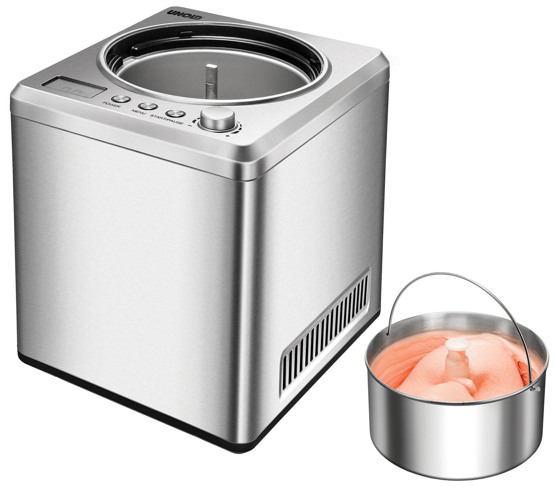 Srebrna maszyna do lodów z miską różowych lodów. Ma przyciski i wyświetlacz cyfrowy.