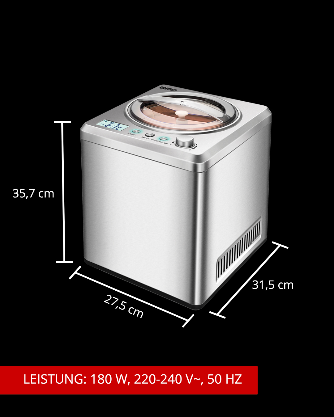 Eine silberne Eismaschine mit Abmessungen, Digitalanzeige und Bedienelementen. Leistungsdetails sind unten.