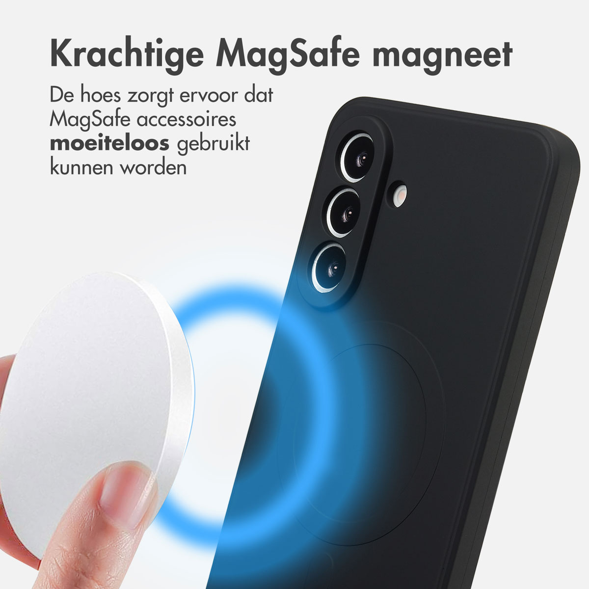 Un téléphone noir avec trois caméras est présenté. Un accessoire magnétique blanc est près du téléphone. Une lueur bleue indique la connexion magnétique.