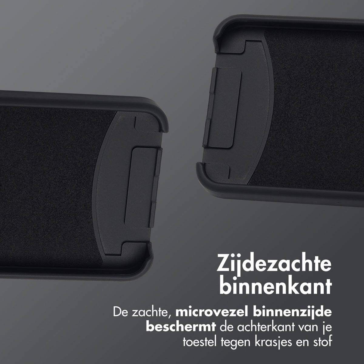Twee zwarte telefoonhoeshelften gescheiden, zachte binnenvoering. Tekst: 'Zachte binnenkant beschermt tegen krassen en stof'.