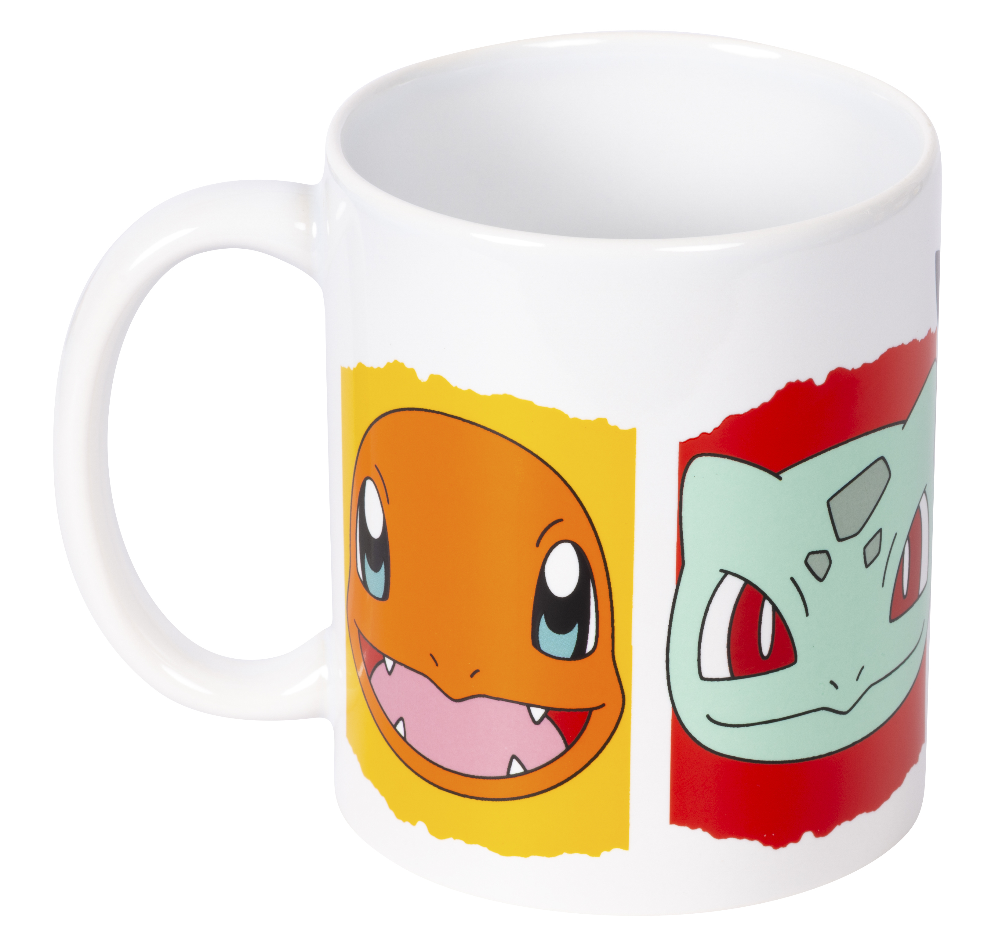 Taza blanca con imágenes de Charmander y Bulbasaur. La taza tiene un asa. El fondo es blanco.