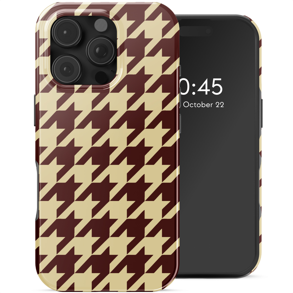 Een smartphone met een pied-de-poule patroon hoesje. Het scherm toont de tijd en datum.