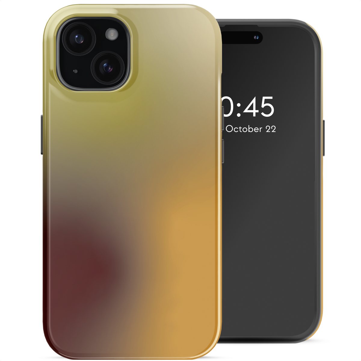 Een smartphone met een telefoonhoesje met kleurovergang. Het scherm toont de tijd en datum. De hoes is geel, oranje en rood.