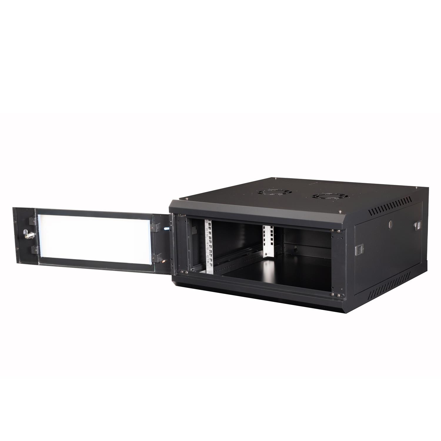 Açık kapılı koyu gri bir sunucu rafı dolabı. Kapı, şeffaf bir cam panel gösterir. Arka plan beyazdır.