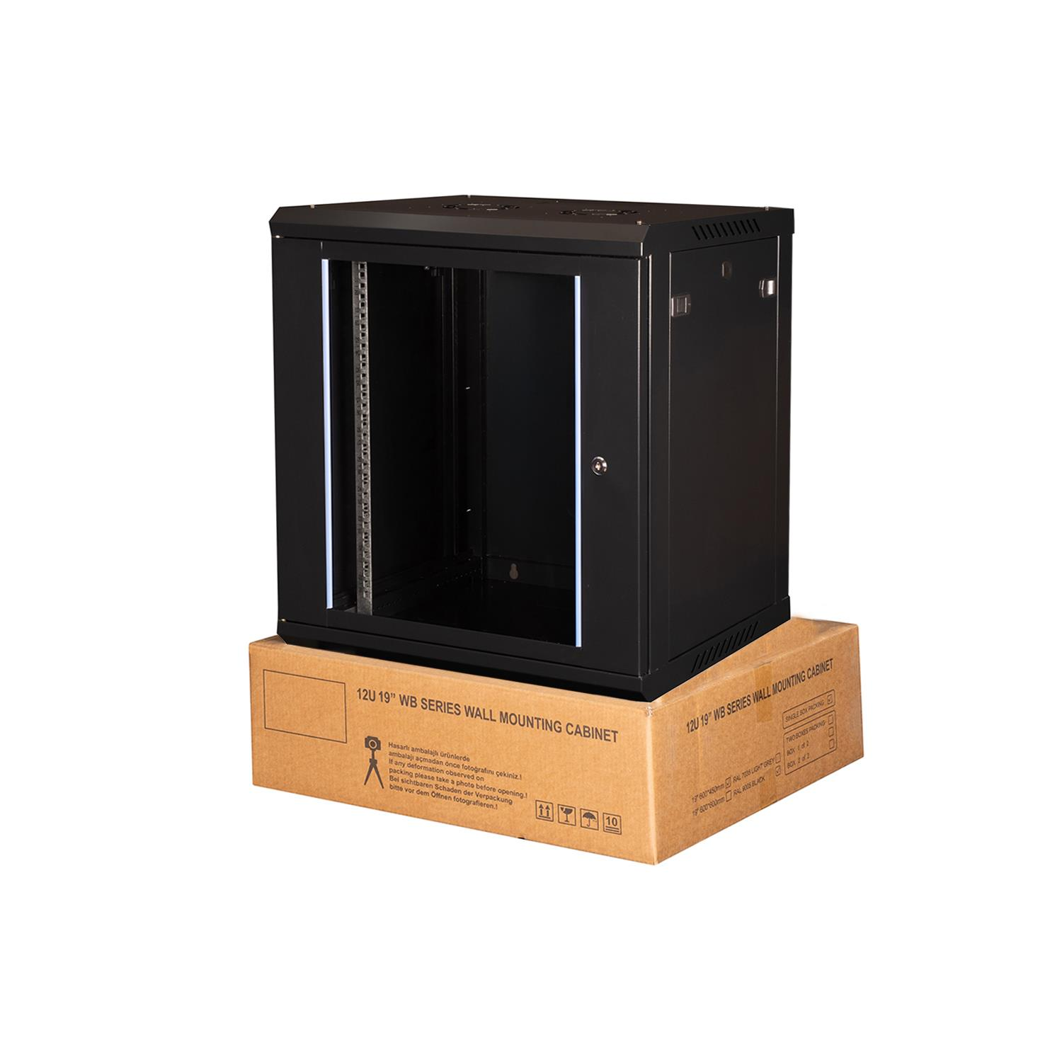 LANDE 12U 19" 600x450 mm Demonte Duvar Tipi Rack Kabinet Siyah