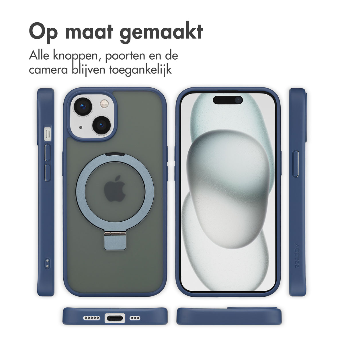 Afbeelding toont een iPhone met een blauwe hoes. De hoes heeft een ringhouder en wordt vanuit verschillende hoeken weergegeven.