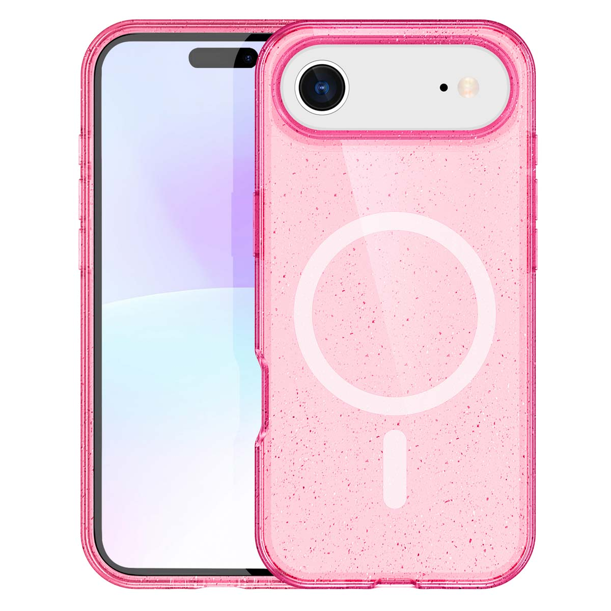 Een roze telefoonhoesje met een telefoon erin. Het hoesje is transparant en heeft een magnetisch cirkelontwerp. Telefoon is zwart.