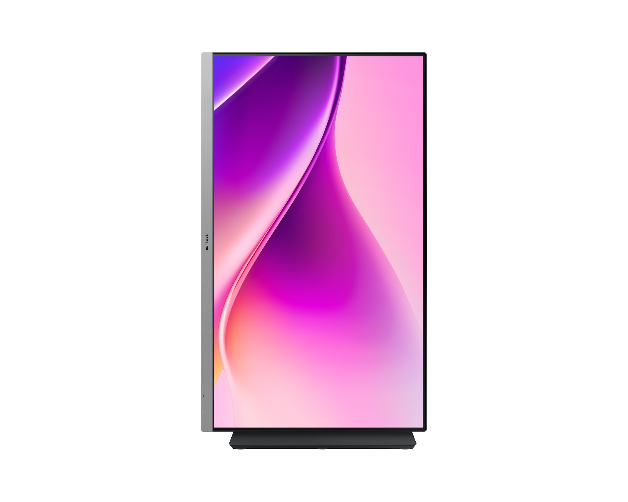 Nowoczesny monitor Samsung. Ekran wyświetla gradient różu i fioletu. Rama jest srebrna z czarną podstawą.