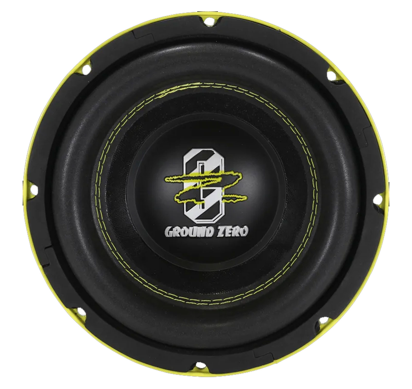 Ein runder Ground Zero Subwoofer. Er hat einen schwarzen Konus, gelbe Nähte und einen gelben Rand. Das Logo ist in der Mitte.