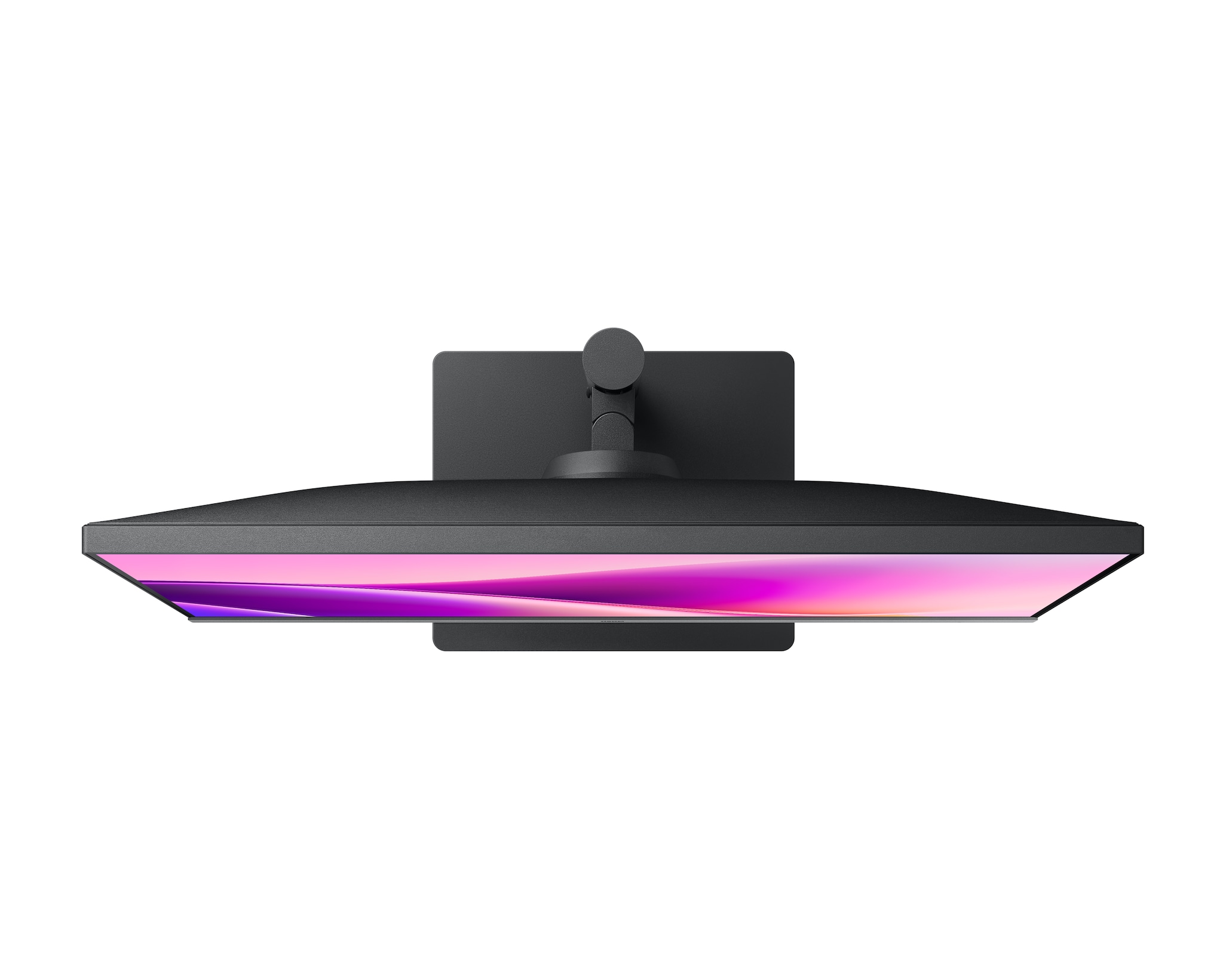 Widok z góry na czarny monitor komputera z różowym i fioletowym wyświetlaczem na białym tle.