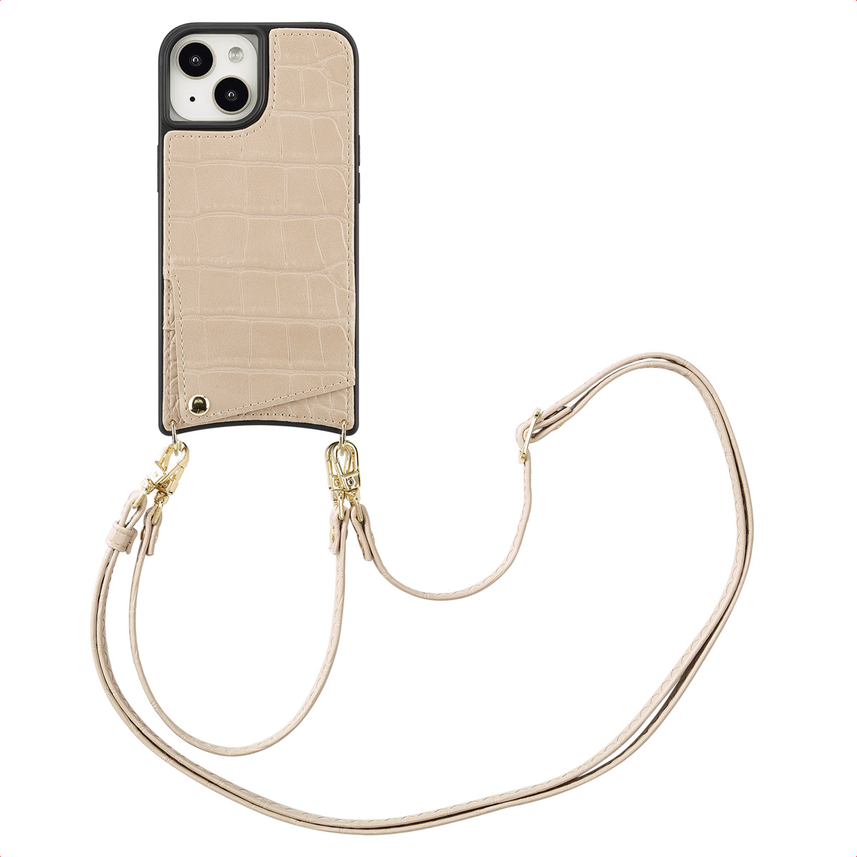 A beige phone case with a crocodile pattern and a black border. It has a strap attached with gold clasps.