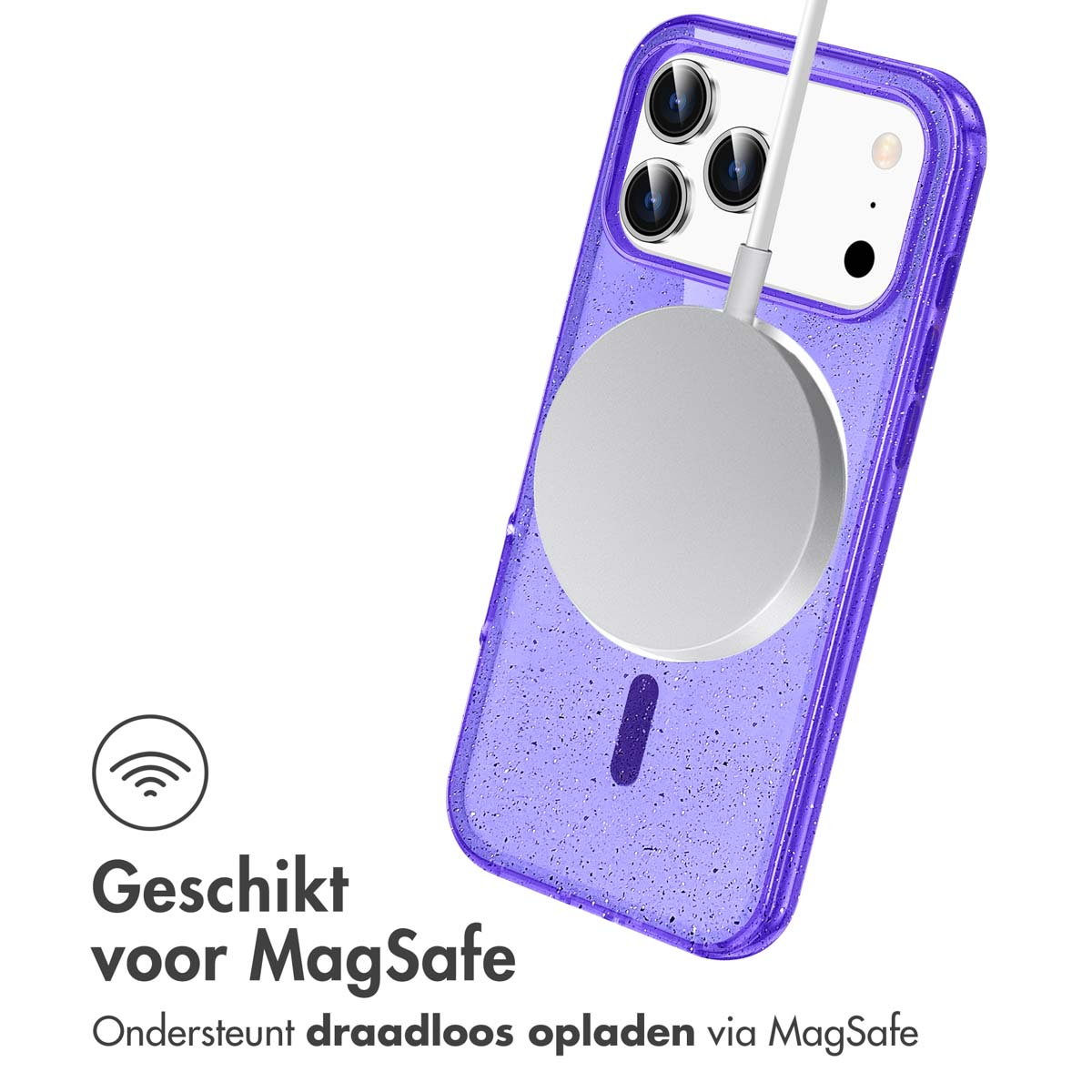 Coque de téléphone violette avec chargeur MagSafe. Texte: 'Compatible MagSafe' et 'Prend en charge le chargement sans fil via MagSafe'.