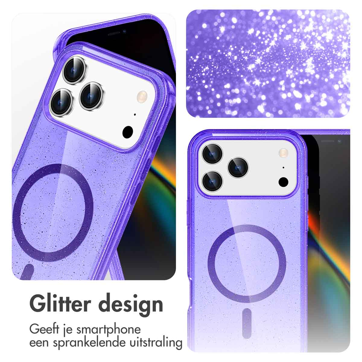 Coque de téléphone à paillettes violettes avec un design circulaire, présentant la caméra et l'écran du téléphone. La coque est sur un téléphone noir.