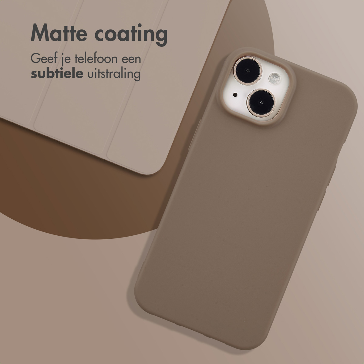 A phone case and a phone are displayed on a light brown background. The case is a matte color and the phone is visible.