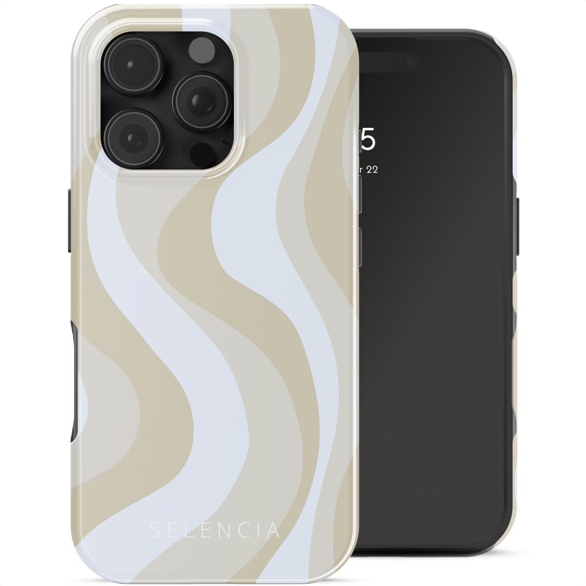 Un iPhone avec une coque ondulée beige, blanche et bleu clair. Le téléphone a un écran noir et l'heure est affichée. La marque 'Selencia' est visible.