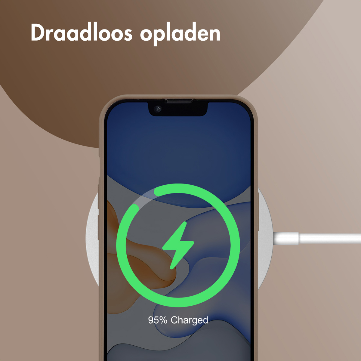 Phone charging wirelessly on a pad. The screen shows a green charging symbol and 95% charged. The phone is connected by a white cable.