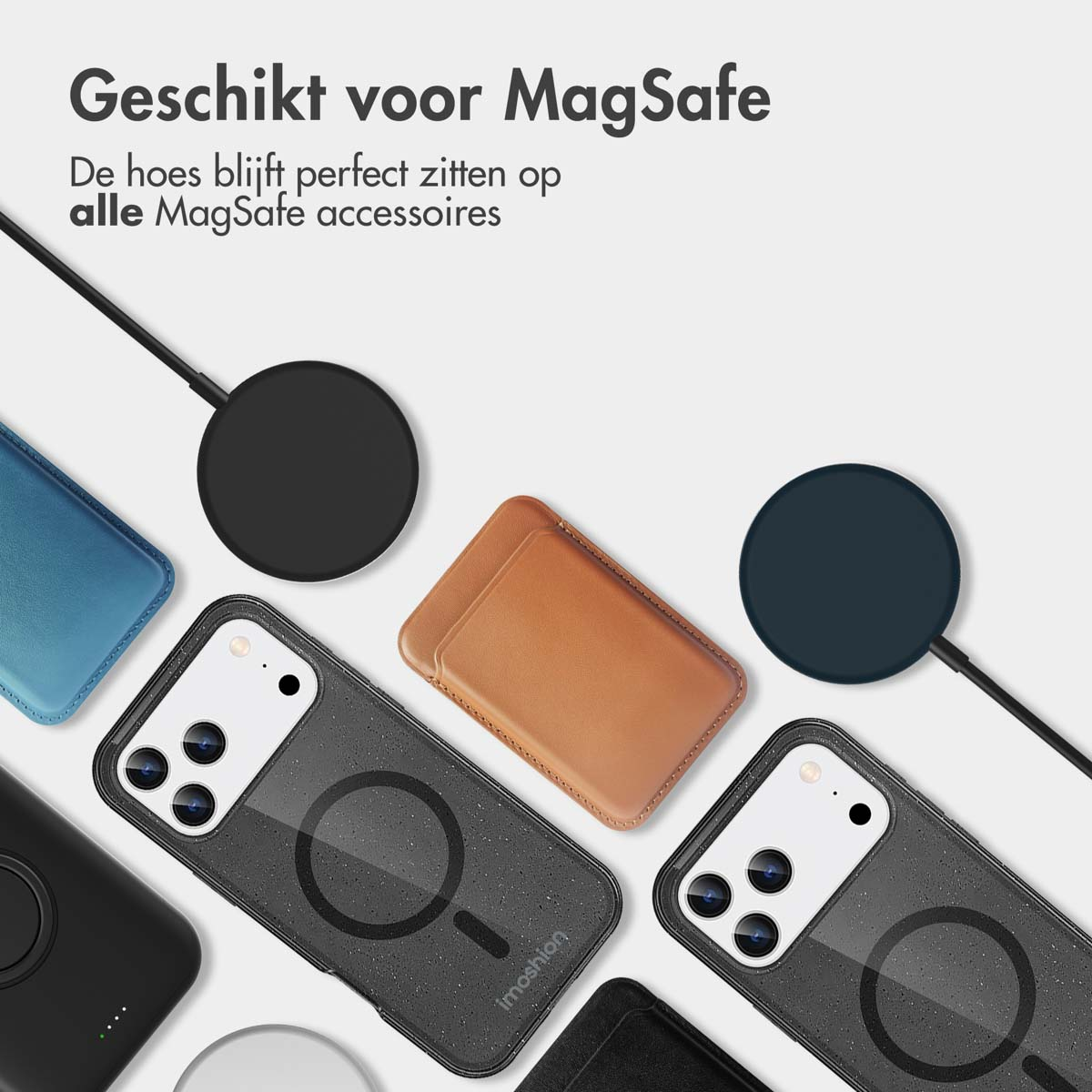 L'image montre des accessoires MagSafe : étuis pour téléphones, chargeurs sans fil et porte-cartes. Le texte dit 'Geschikt voor MagSafe'.