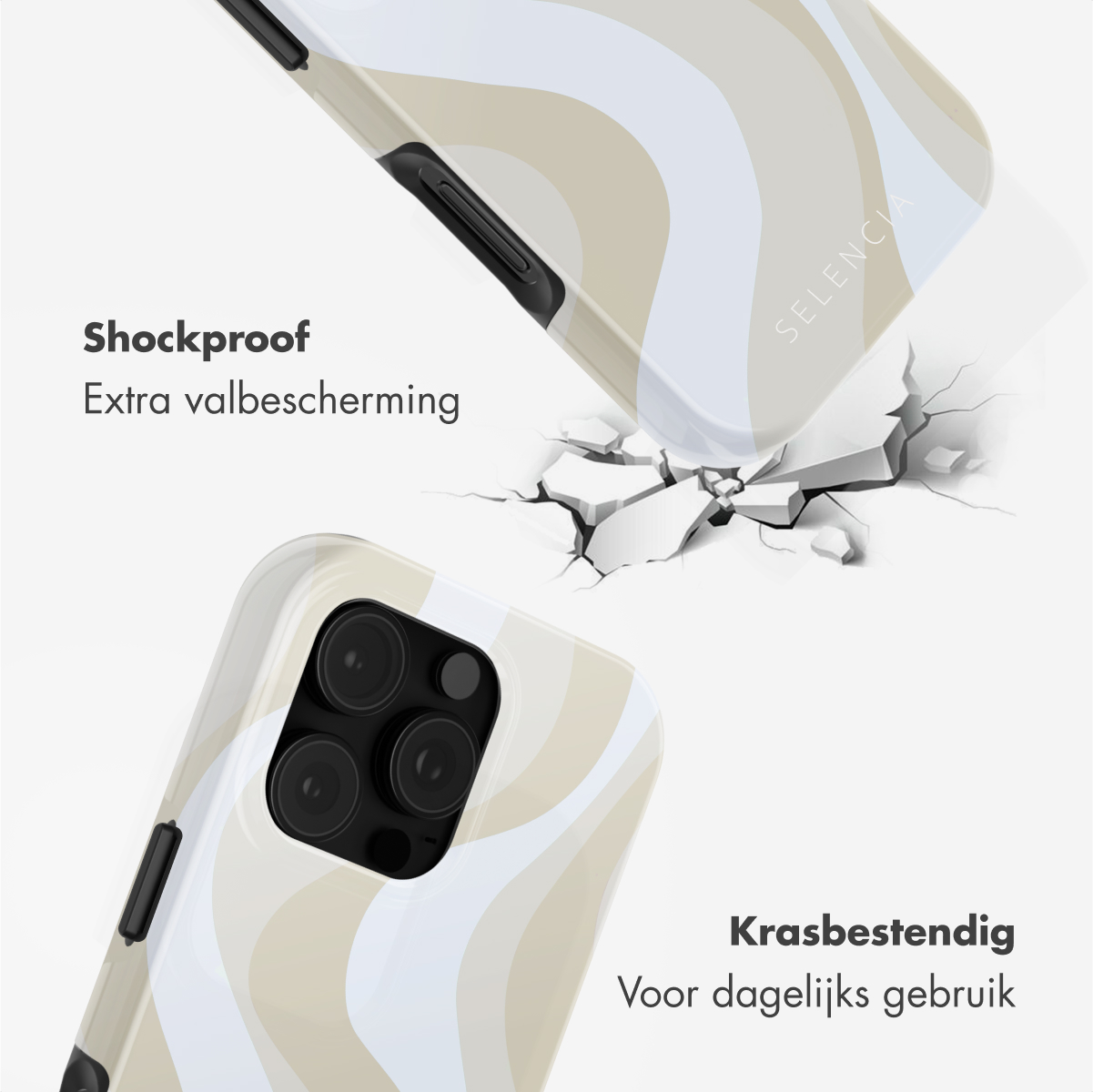 Deux coques de téléphone avec des motifs de vagues. L'une tombe, causant une fissure. Le texte dit 'Antichoc' et 'Résistant aux rayures'.
