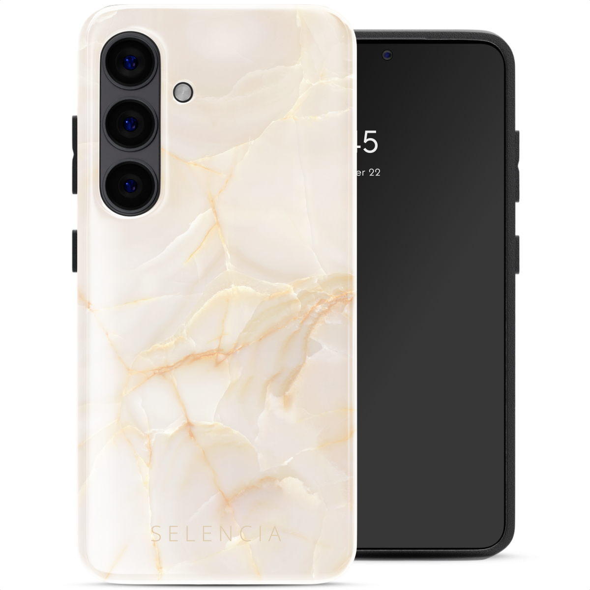 Un telefono con una custodia marmorizzata e un telefono nero accanto. La custodia è color crema con venature dorate, SELENCIA è in basso.