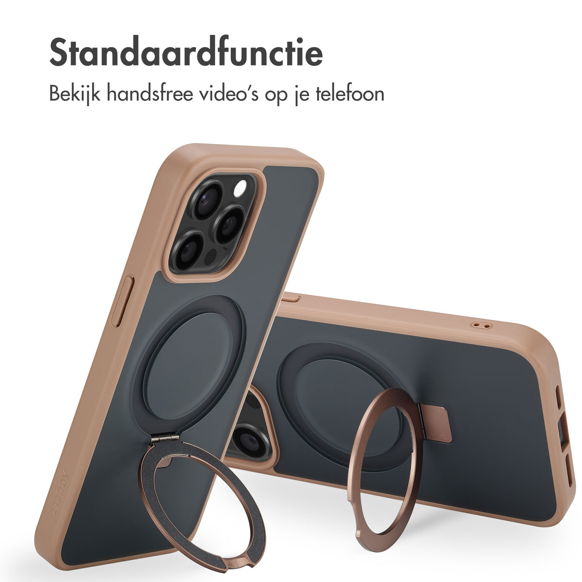 Due custodie per telefoni, beige e grigio, con supporti ad anello. Il testo in alto recita 'Funzione standard' e 'Visualizza video in vivavoce sul tuo telefono'.