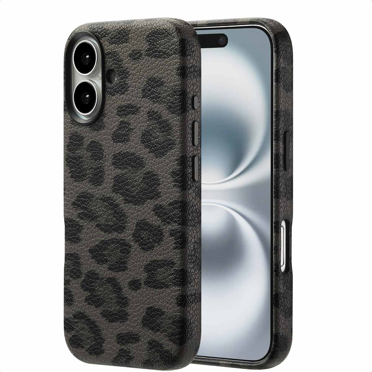 Een smartphone in een hoesje met luipaardprint. De hoes is donkergrijs met zwarte vlekken. Het scherm is zichtbaar.