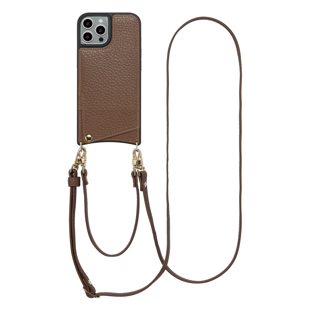 Un étui de téléphone en cuir marron avec une bandoulière. L'étui a une quincaillerie dorée et une poche.