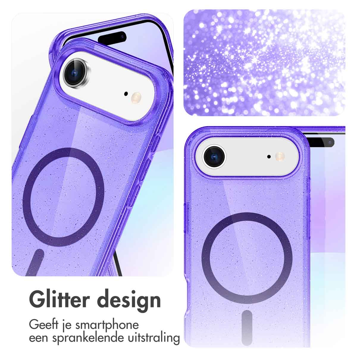 Paarse glitter telefoonhoes. Twee afbeeldingen tonen de hoes op een telefoon. Tekst onderaan: 'Glitter design'.
