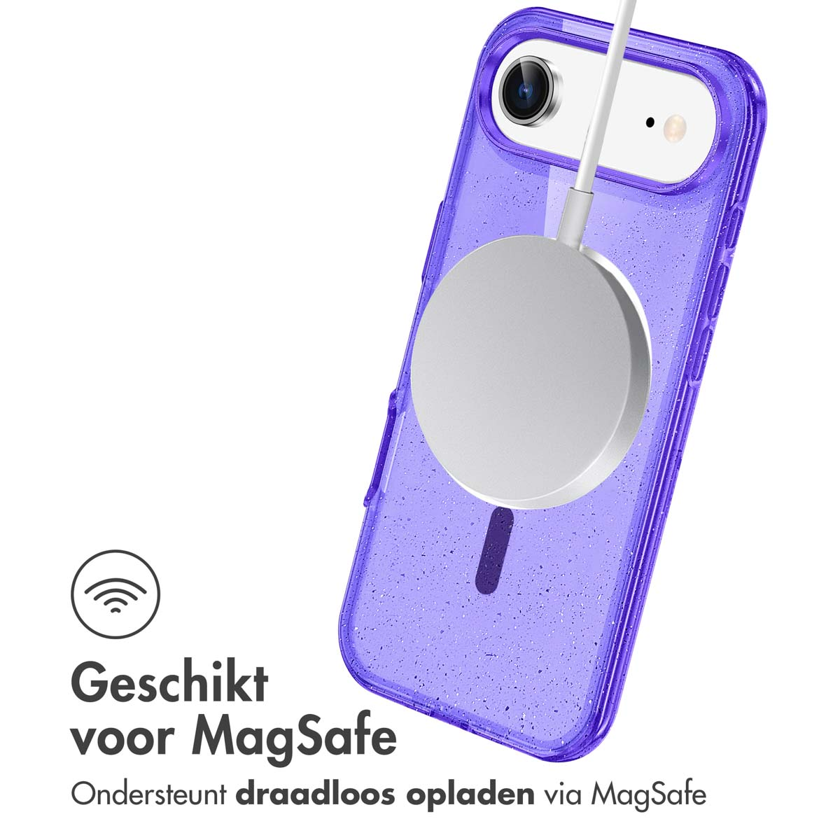 Een paarse telefoonhoes met een MagSafe-lader. De tekst luidt 'Geschikt voor MagSafe' met ondersteuning voor draadloos opladen.