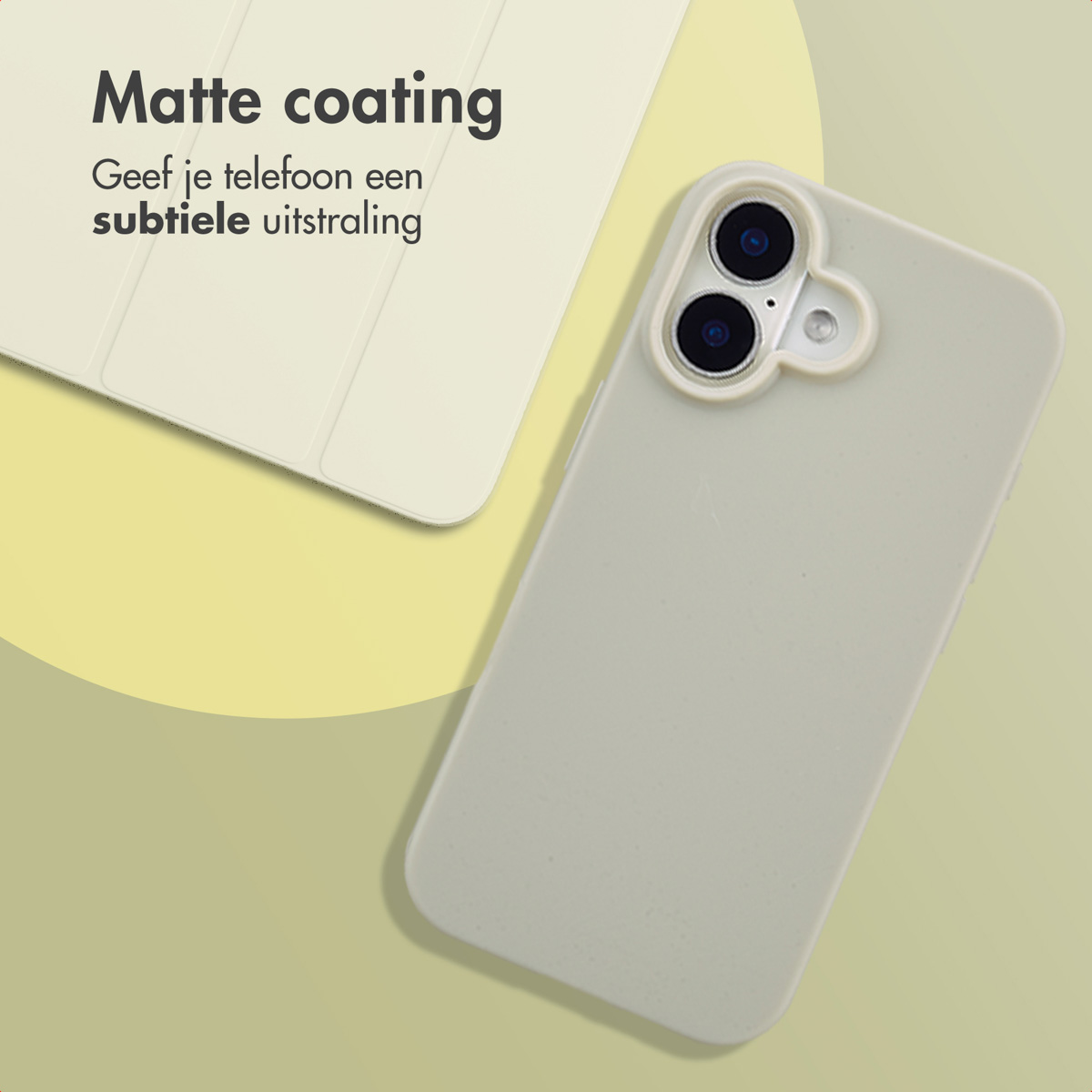 Une coque de téléphone et une housse de tablette de couleur vert clair sur fond jaune et vert.