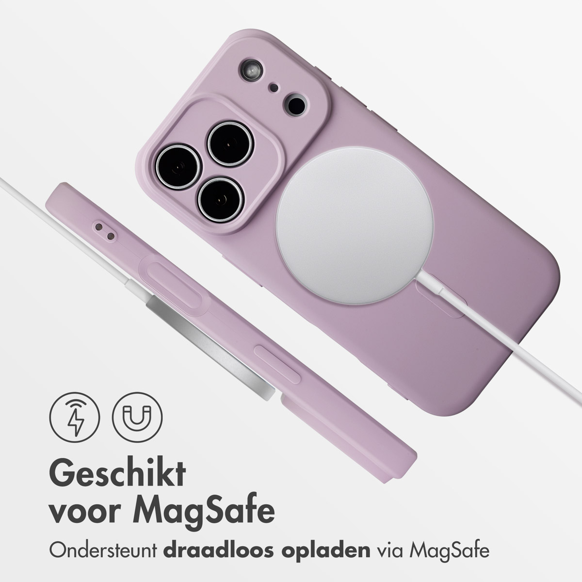 Een paarse telefoonhoes met een MagSafe-oplader. De hoes ligt op een wit oppervlak, met de tekst 'Geschikt voor MagSafe' eronder.