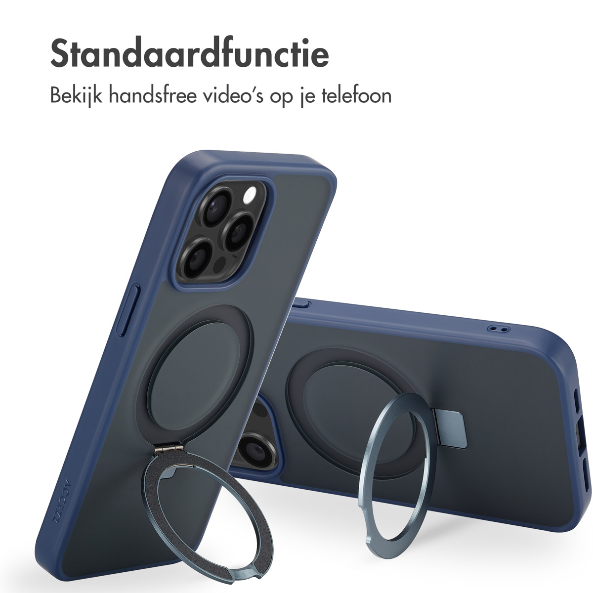 Sono esposte due custodie blu per telefoni con supporti ad anello. Le custodie sono angolate e parzialmente trasparenti. Il testo in alto dice 'Standaardfunctie'.