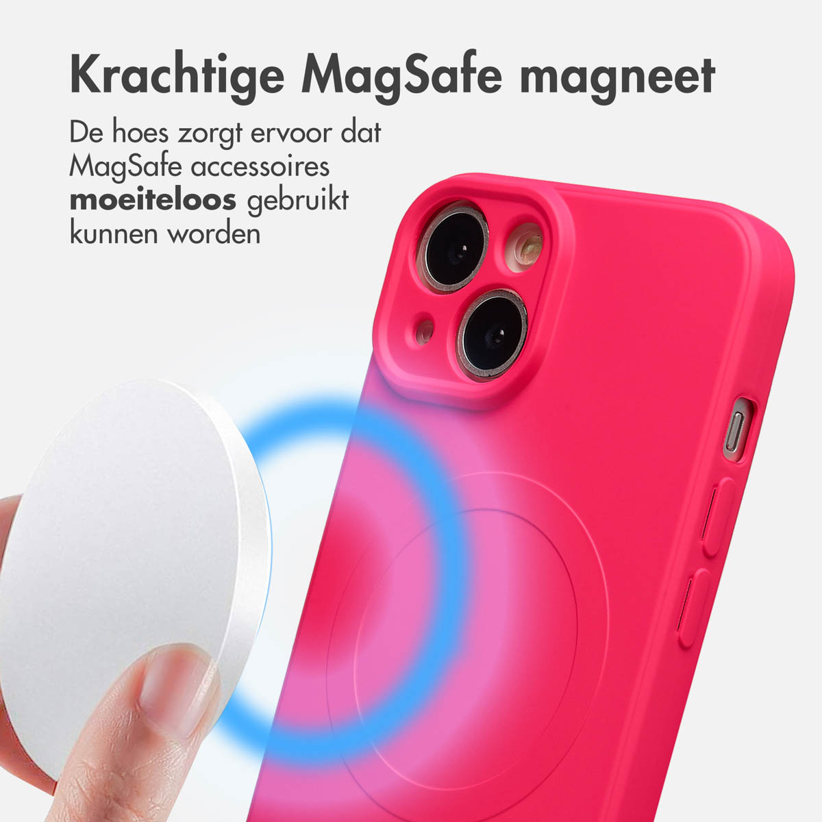 Une main tient un accessoire MagSafe blanc près d'une coque de téléphone rose. Des lignes bleues indiquent la connexion magnétique.